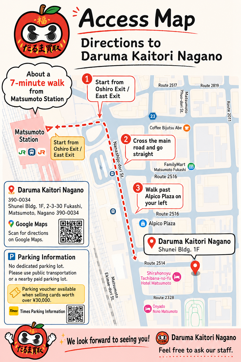English access map from Matsumoto Station to Daruma Kaitori Nagano